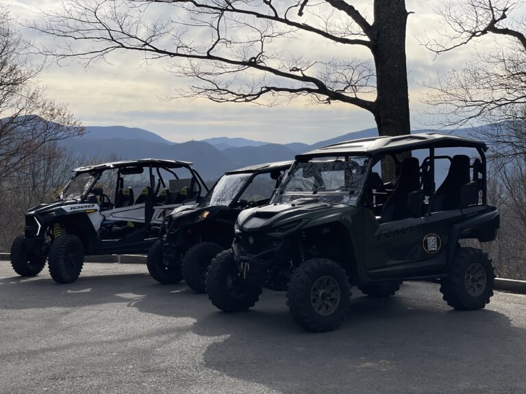 Street-legal UTV rentals from RideOn parked at a Smoky Mountain overlook near Gatlinburg Tennessee